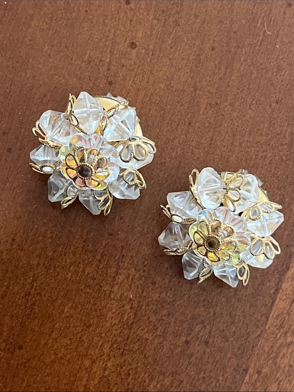 Vintage Gold & Clear Floral Crystal Clip-On Earrings